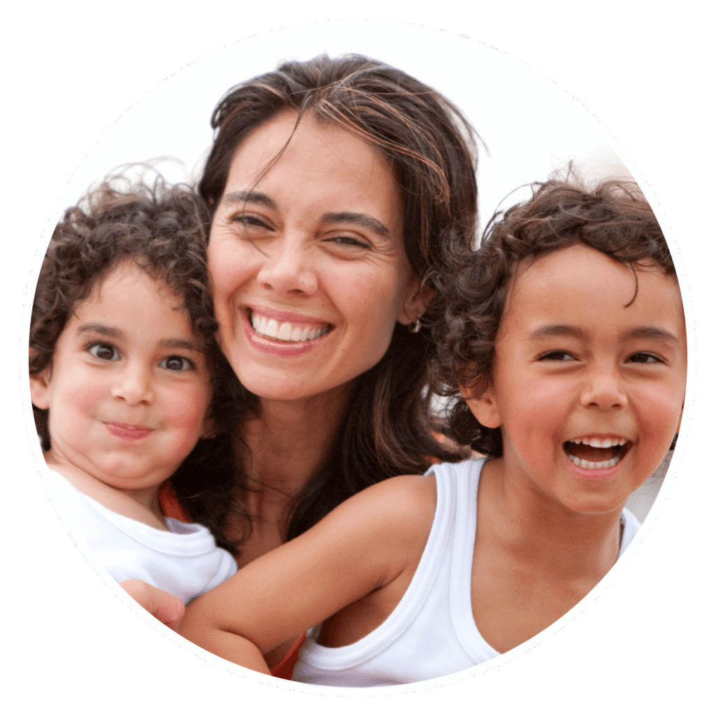 A joyful family: a mother and her two children.